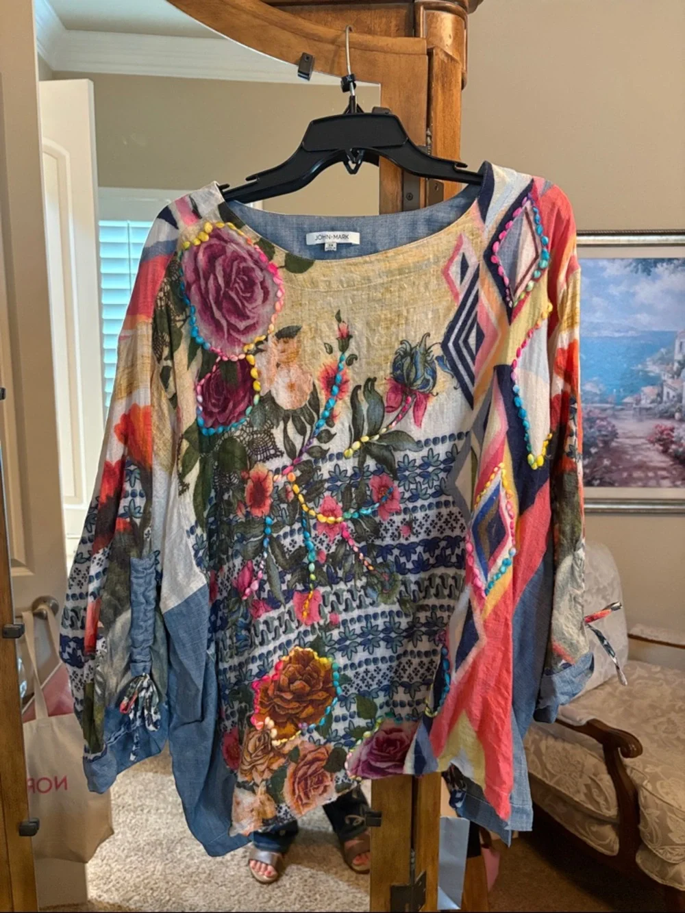 John Mark Multicolor Floral Boho Blouse with Embellished Accents - Picture 1 of 1